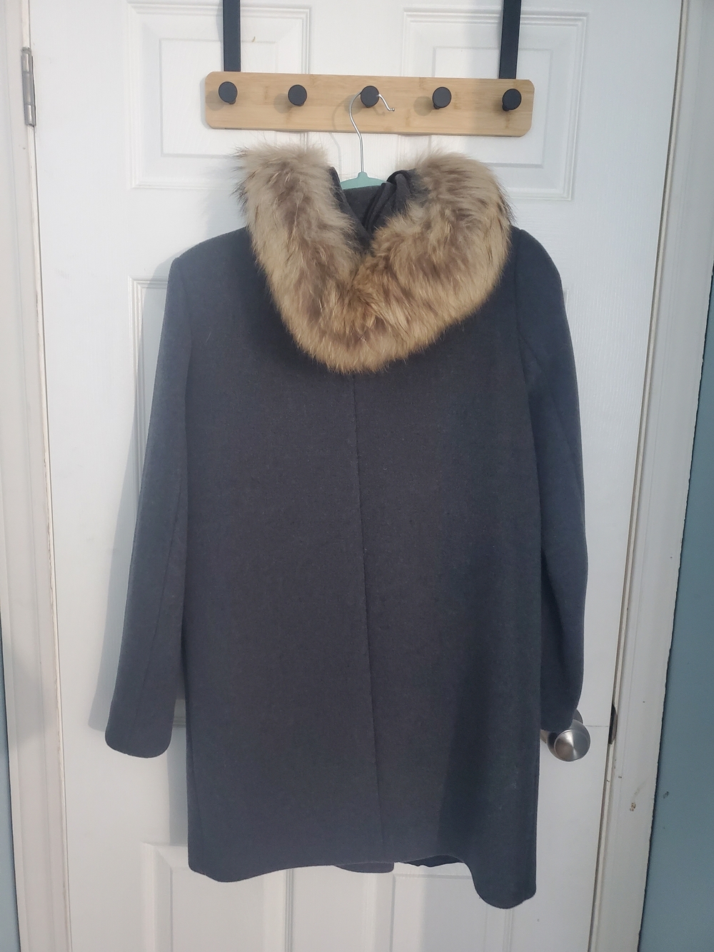 Women's Dark Gray Trench Coat with Faux Fur Collar